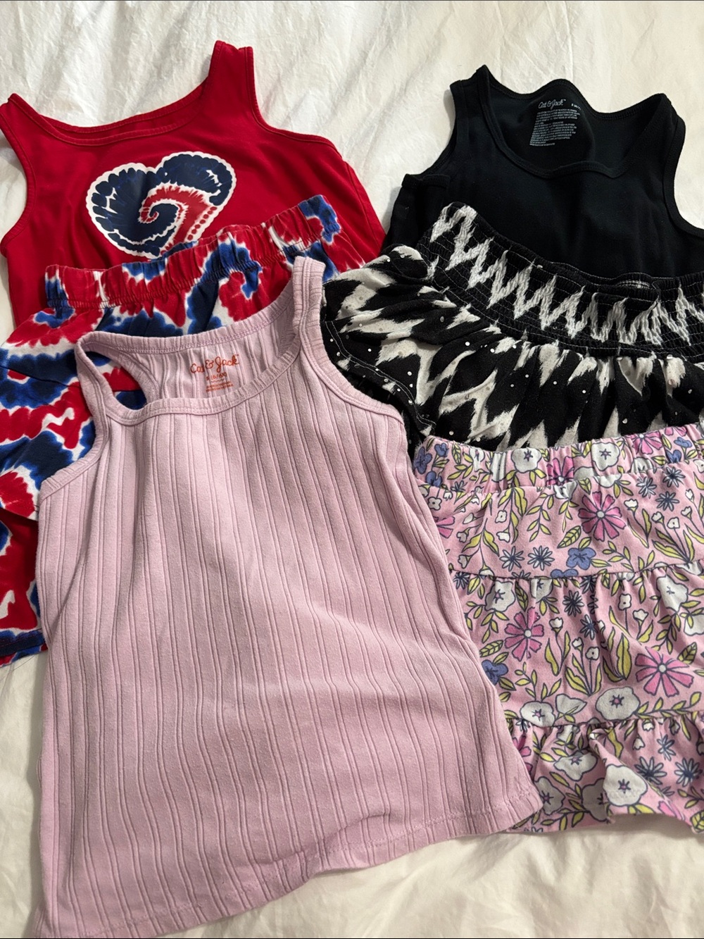 3 summer outfits, tank tops and skorts